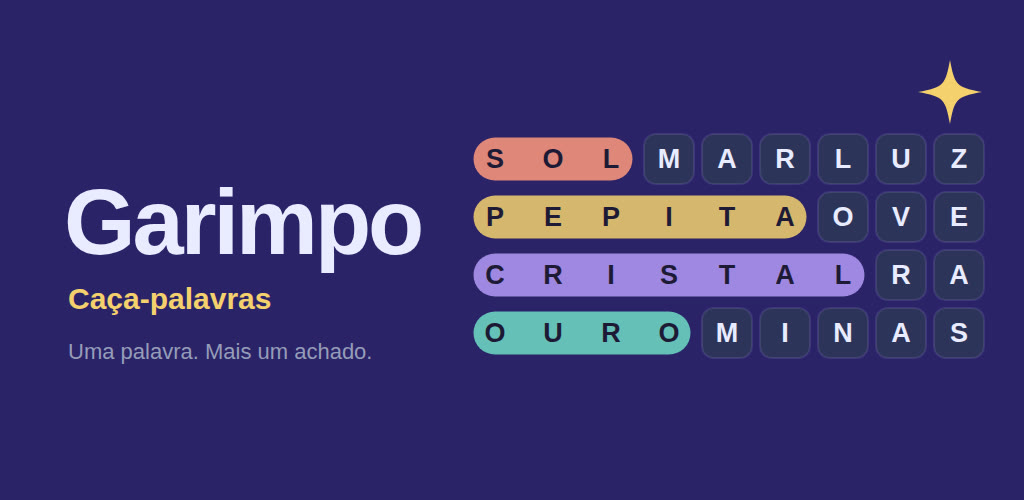 Arte do Garimpo: palavras marcadas em uma grade de letras